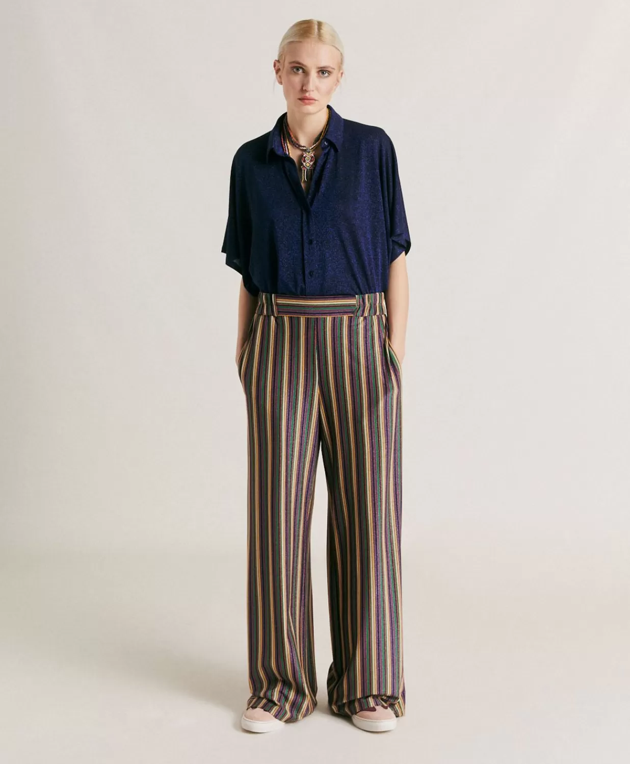 Momoni Pantalons Et Shorts>Baccarat Pantalon Raye En Jersey Lurex - Vert Multicolore