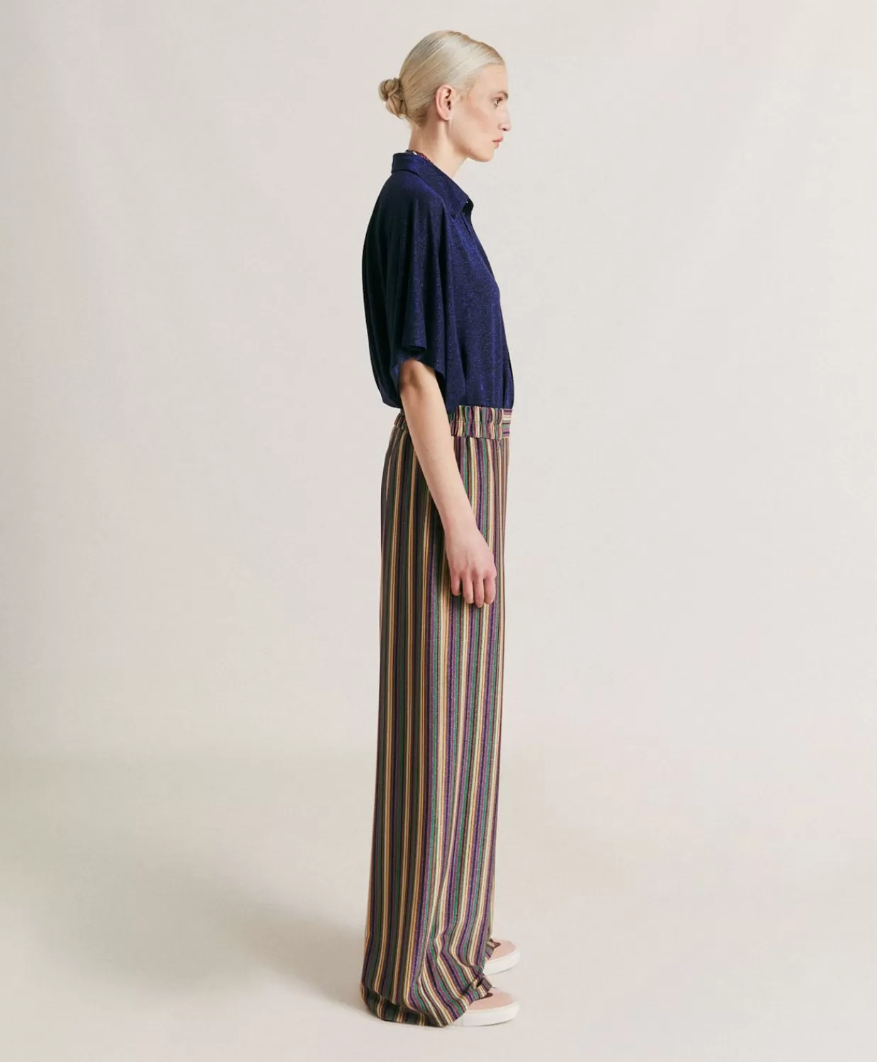 Momoni Pantalons Et Shorts>Baccarat Pantalon Raye En Jersey Lurex - Vert Multicolore