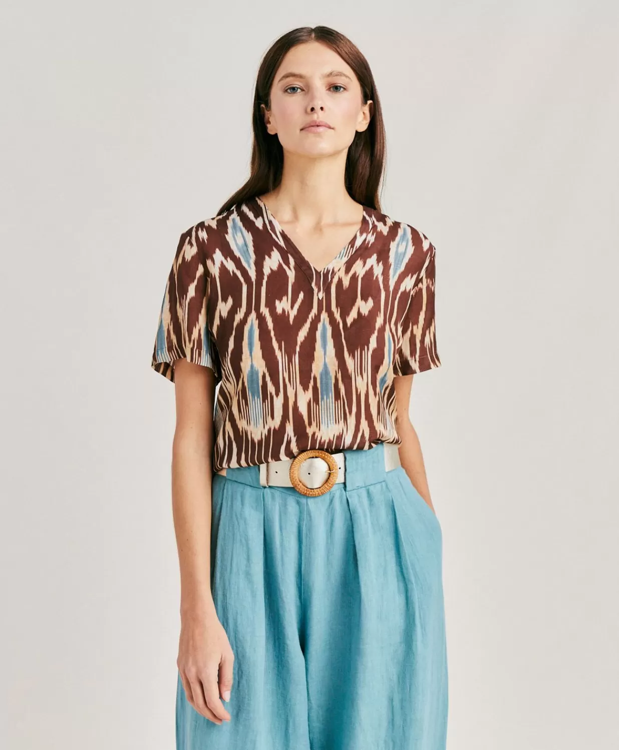 Momoni Chemisiers Et Chemises>Blouse Osmanto En Lin Viscose Imprime - Cacao Multicolore