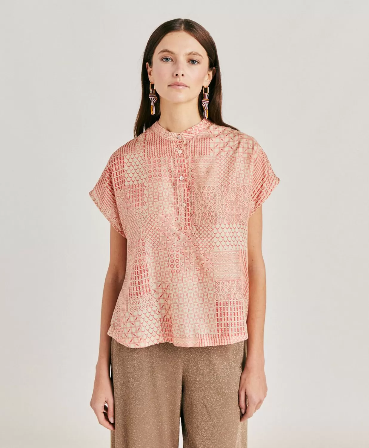 Momoni Chemisiers Et Chemises>Blouse Paso En Haboutai De Soie - Creme/Corail