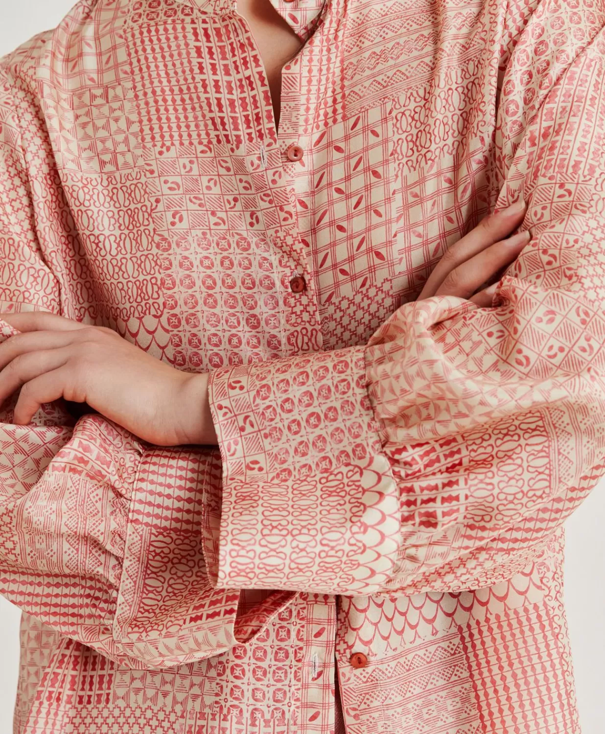 Momoni Chemisiers Et Chemises>Chemise Franklin En Haboutai De Soie - Creme/Corail