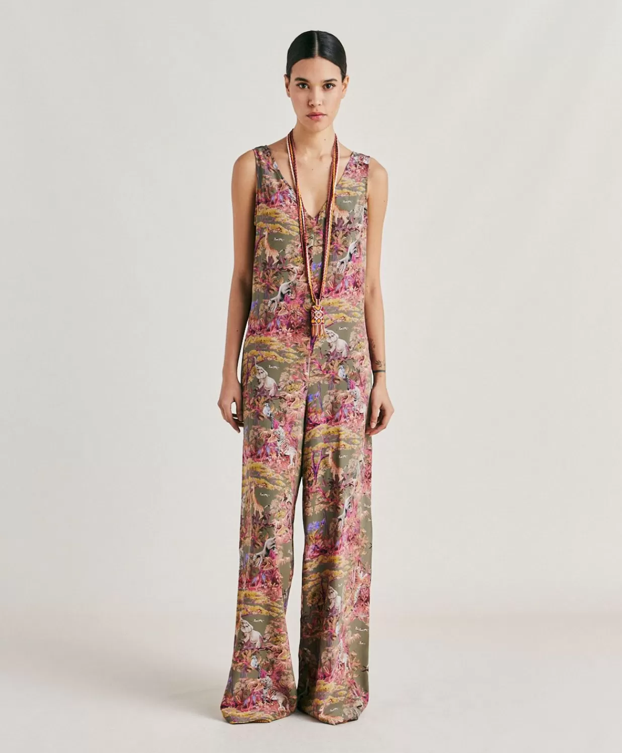 Momoni Vêtements>Combinaison Longue Matilde En Crepe De Chine - Olive Multicolore