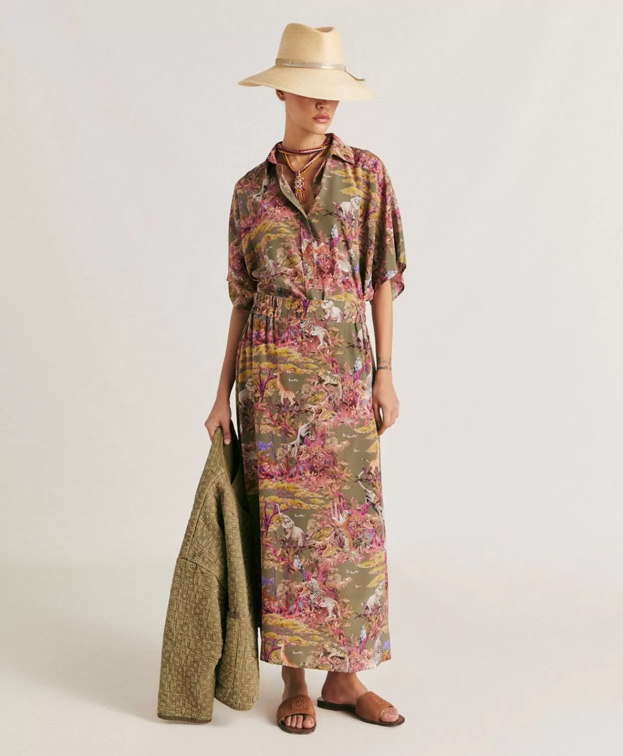 Momoni Jupes>Jupe Olla Crepe De Chine - Olive Multicolore