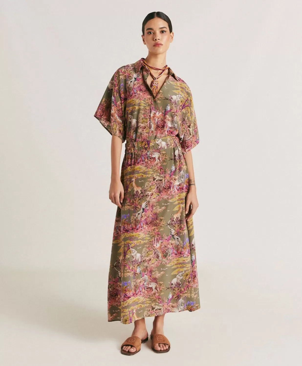 Momoni Jupes>Jupe Olla Crepe De Chine - Olive Multicolore