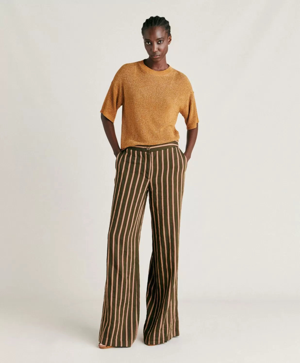 Momoni Pantalons Et Shorts>Pantalon En Lin Viscose Raye Candeo - Armee Multicolore