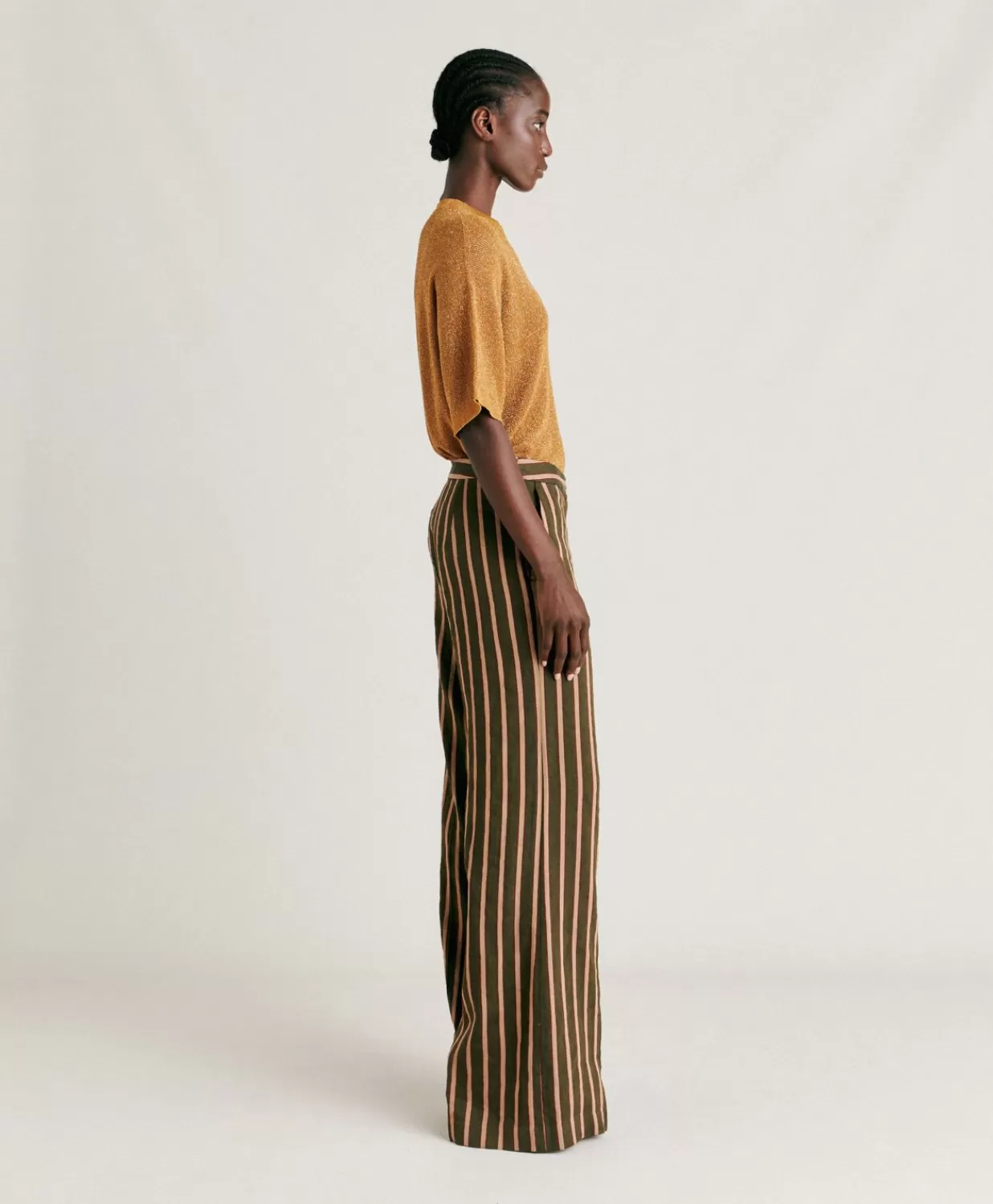 Momoni Pantalons Et Shorts>Pantalon En Lin Viscose Raye Candeo - Armee Multicolore