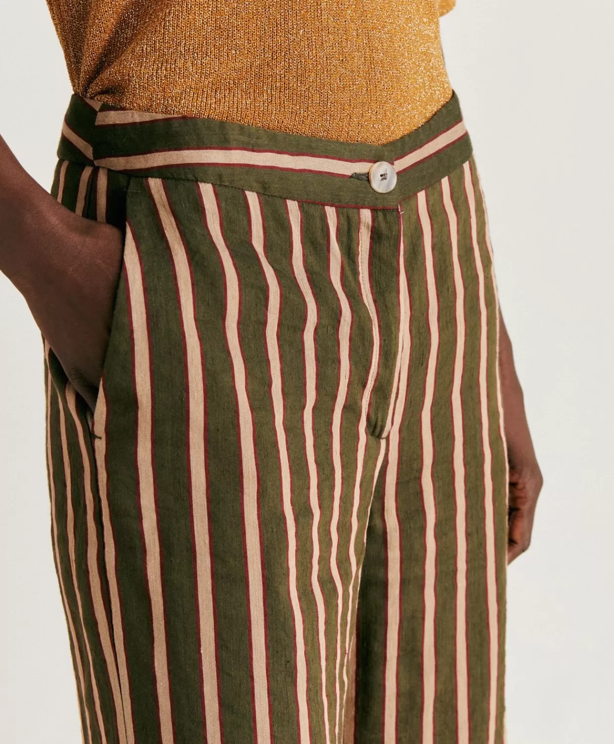 Momoni Pantalons Et Shorts>Pantalon En Lin Viscose Raye Candeo - Armee Multicolore