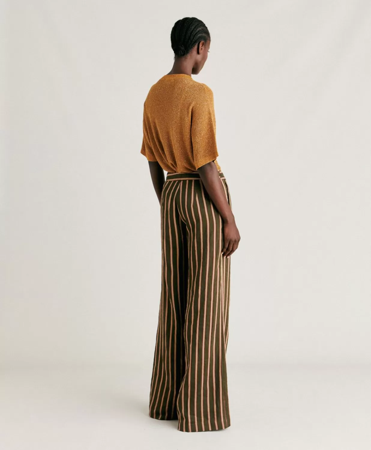 Momoni Pantalons Et Shorts>Pantalon En Lin Viscose Raye Candeo - Armee Multicolore