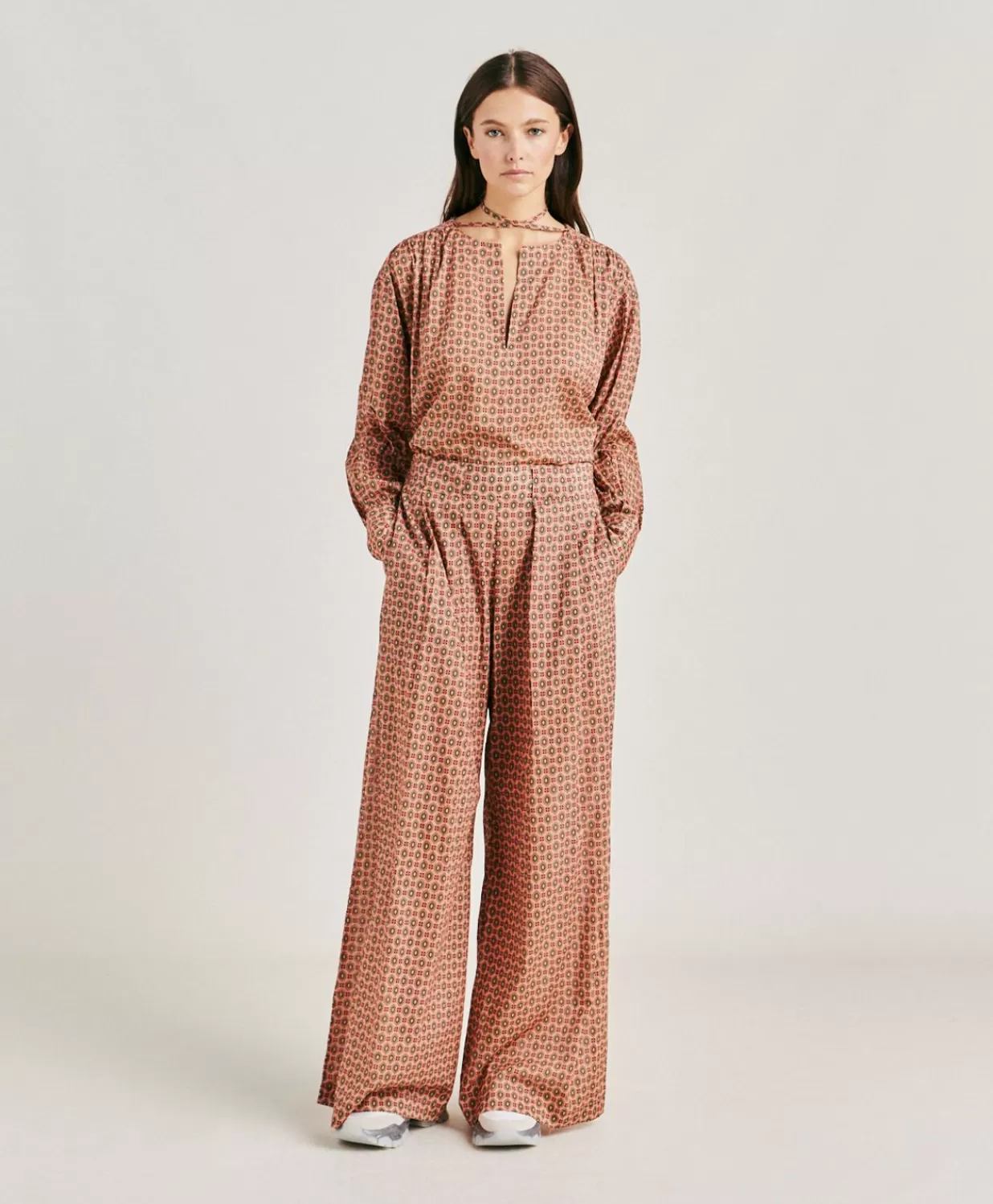 Momoni Pantalons Et Shorts>Pantalon En Voile De Coton Imprime Aspen - Corail