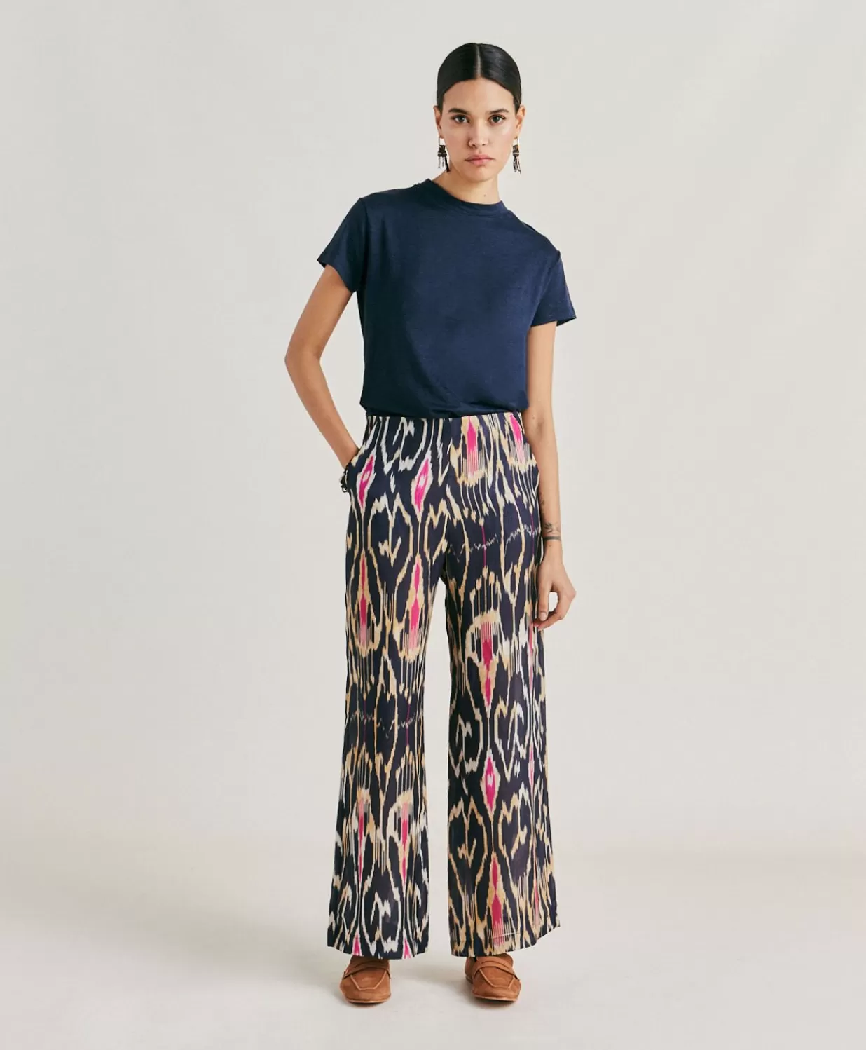 Momoni Pantalons Et Shorts>Pantalon Ginepro En Lin Viscose - Bleu Multicolore
