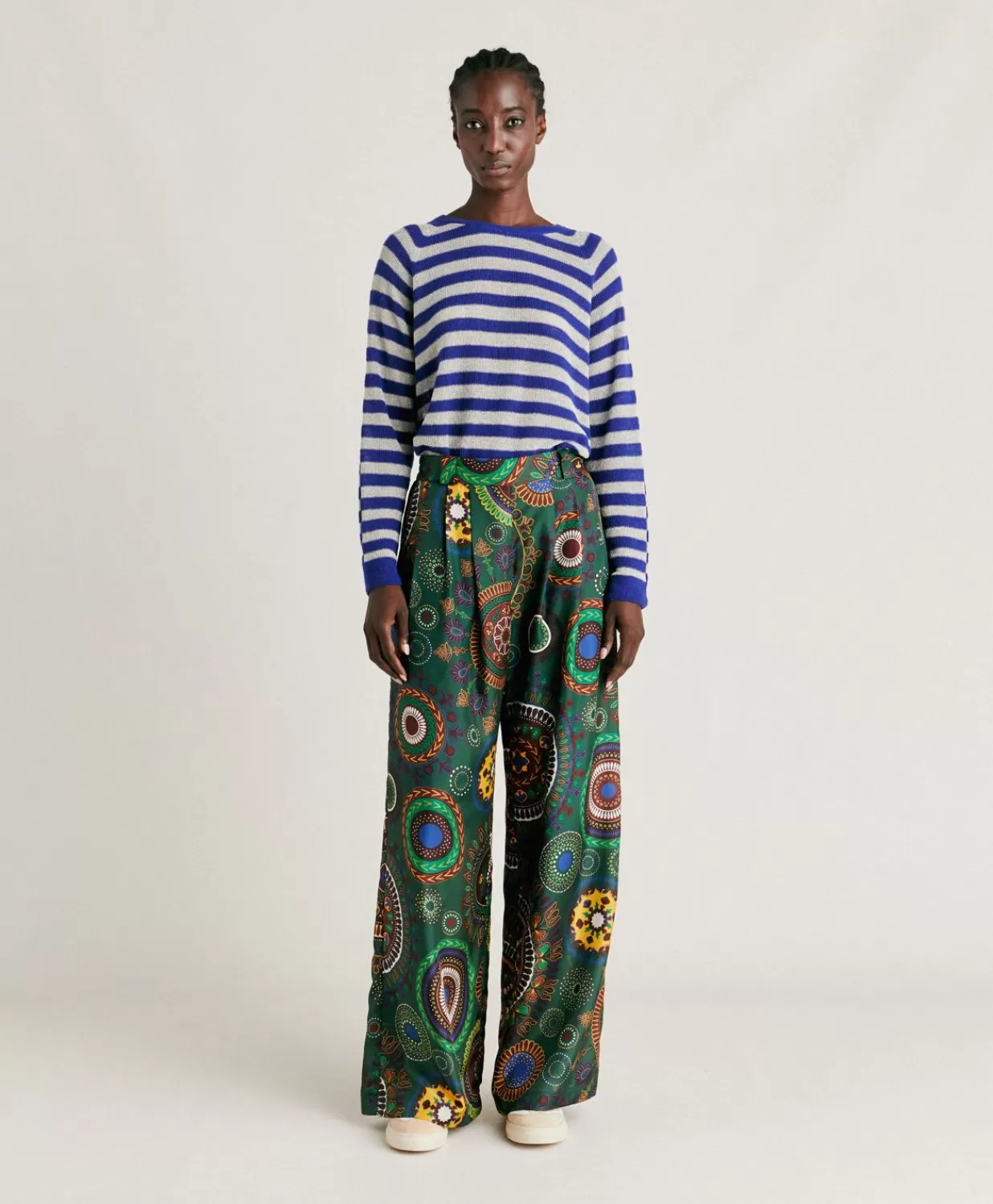 Momoni Pantalons Et Shorts>Pantalon Haboutai En Soie Lanzarote - Vert Multicolore
