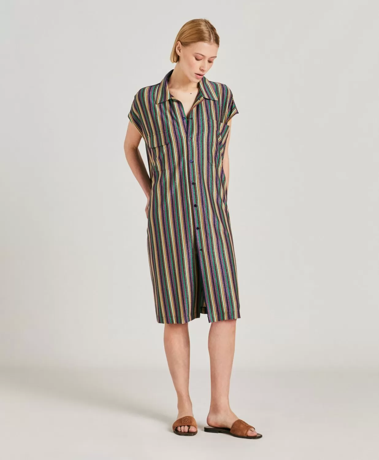 Momoni Vêtements>Robe Colorado Rayee En Jersey Lurex - Vert Multicolore