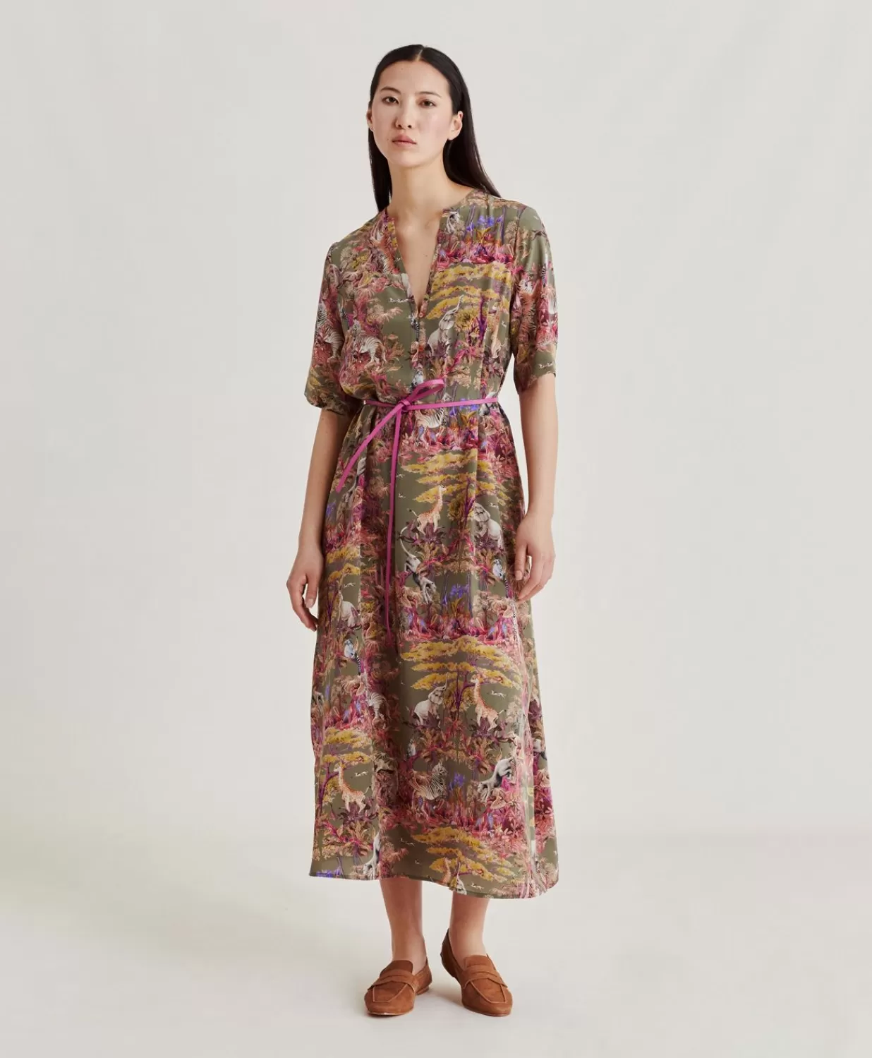 Momoni Vêtements>Robe Penelope Crepe De Chine - Olive Multicolore