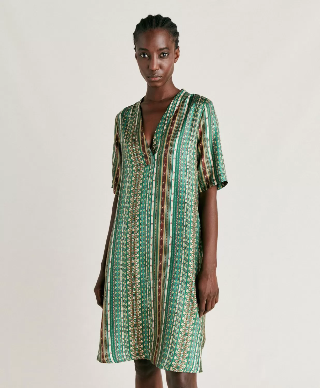 Momoni Vêtements>Robe Sarraina En Serge De Soie - Vert/Multicolore