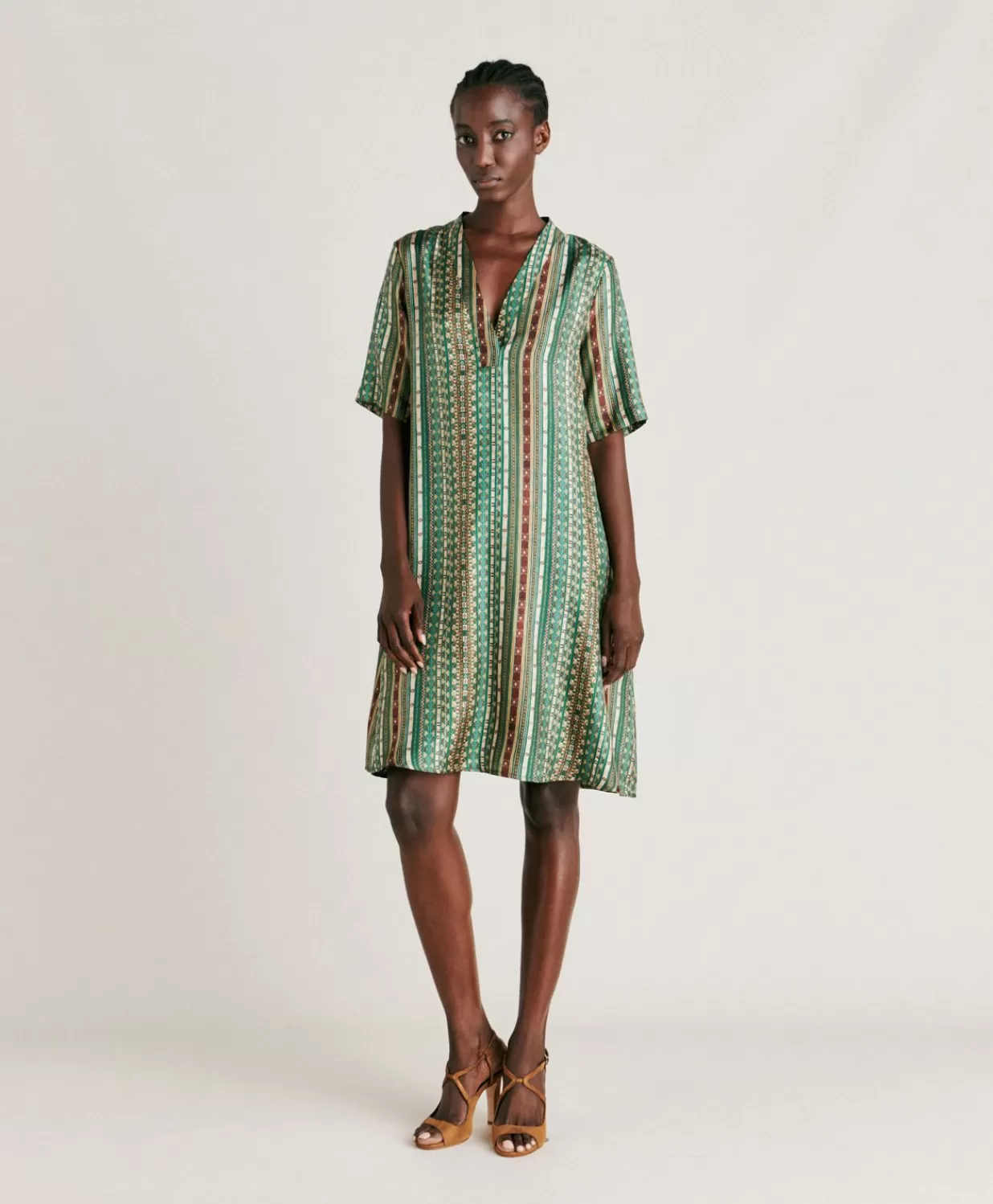 Momoni Vêtements>Robe Sarraina En Serge De Soie - Vert/Multicolore