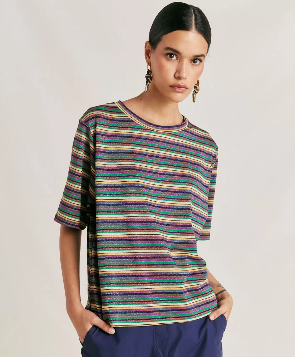 Momoni T-Shirts Et Hauts>Thirt Iora En Jersey Lurex Raye - Vert Multicolore